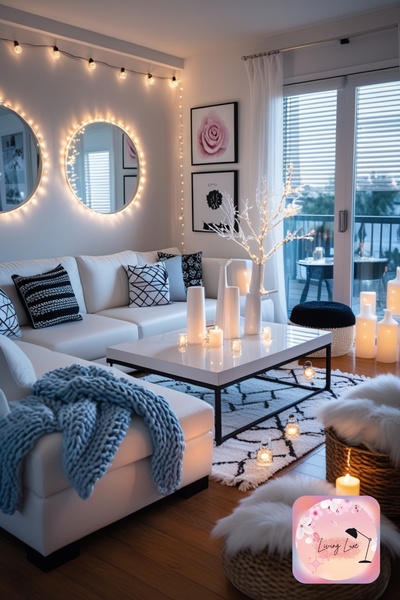 living room furniture, throw pillows, decorative candles, coffee table, wall mirrors, area rug, brand awareness, lifestyle, calm, warm, neutral
